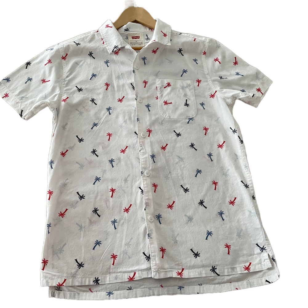 Levi's Men Button Front Palm Print Shirt Size:S Color:White/Blue/Red Pocket